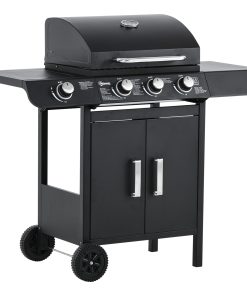Outsunny Barbacoa de Gas BBQ con 3+1 Quemadores 11,6 KW 2 Mesas Laterales Armario de 2 Puertas Termómetro y 2 Ruedas Acero Inoxidable 110x50x100 cm Negro