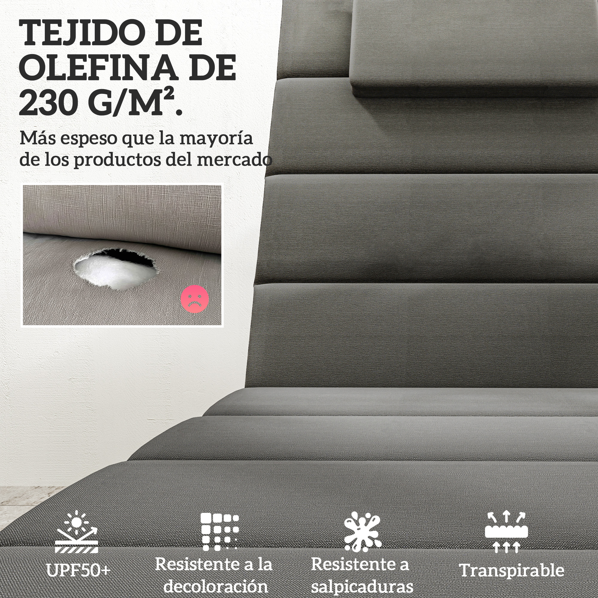 Outsunny Pack 2 Cojines para Tumbonas Plegables Colchonetas para Tumbonas de Jardín Exterior 203x66x3 cm con Reposacabezas y Correas de Sujeción Gris Oscuro - Imagen 4