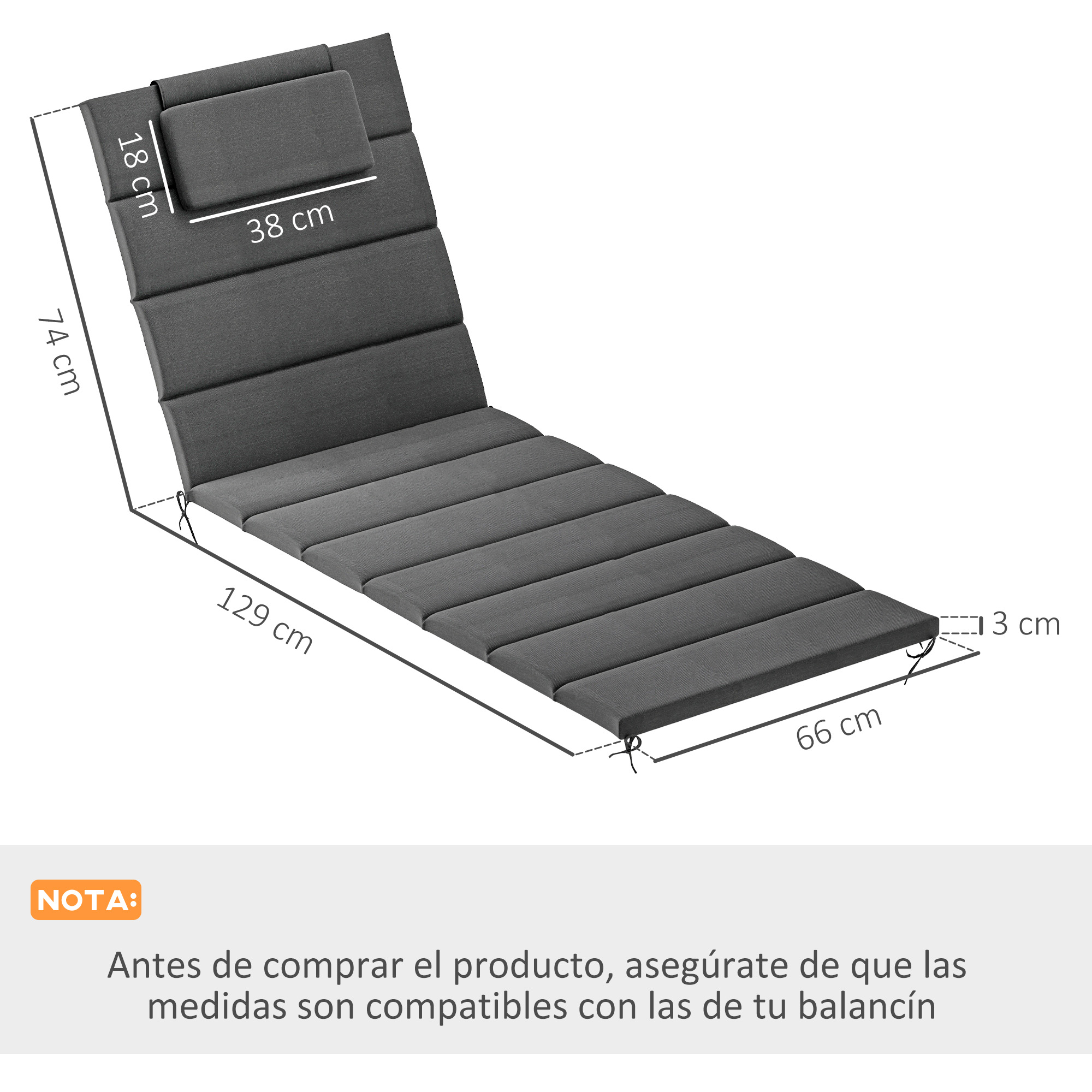 Outsunny Pack 2 Cojines para Tumbonas Plegables Colchonetas para Tumbonas de Jardín Exterior 203x66x3 cm con Reposacabezas y Correas de Sujeción Gris Oscuro - Imagen 3
