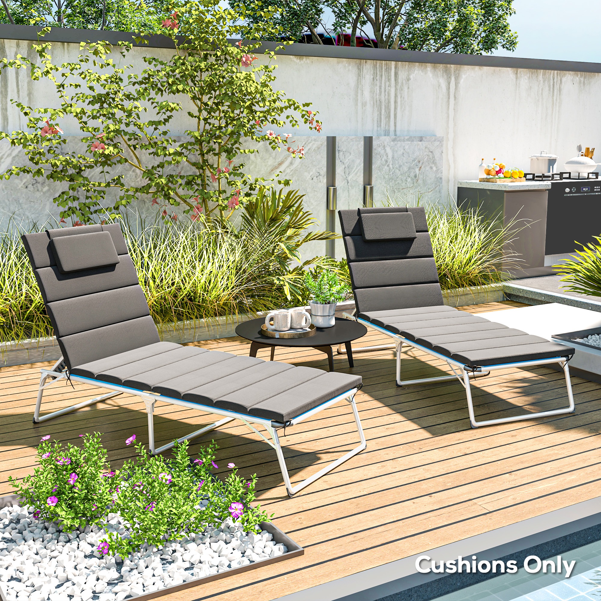 Outsunny Pack 2 Cojines para Tumbonas Plegables Colchonetas para Tumbonas de Jardín Exterior 203x66x3 cm con Reposacabezas y Correas de Sujeción Gris Oscuro - Imagen 2