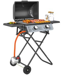 Outsunny Barbacoa de Gas con 2 Quemadores de Acero Inoxidable 2,8 KW Barbacoa Portátil con Mesas Laterales Plegables Bandeja Extraíble Termómetro y 2 Ruedas para Pícnic Camping 101x50x102 cm Negro