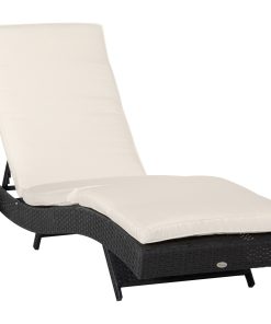 Outsunny Tumbona de Ratán Reclinable Tumbona de Jardín en Forma de S con 2 Ruedas Respaldo Ajustable en 5 Posiciones y Cojín Extraíble para Patio Terraza 207x70x70 cm Negro y Crema