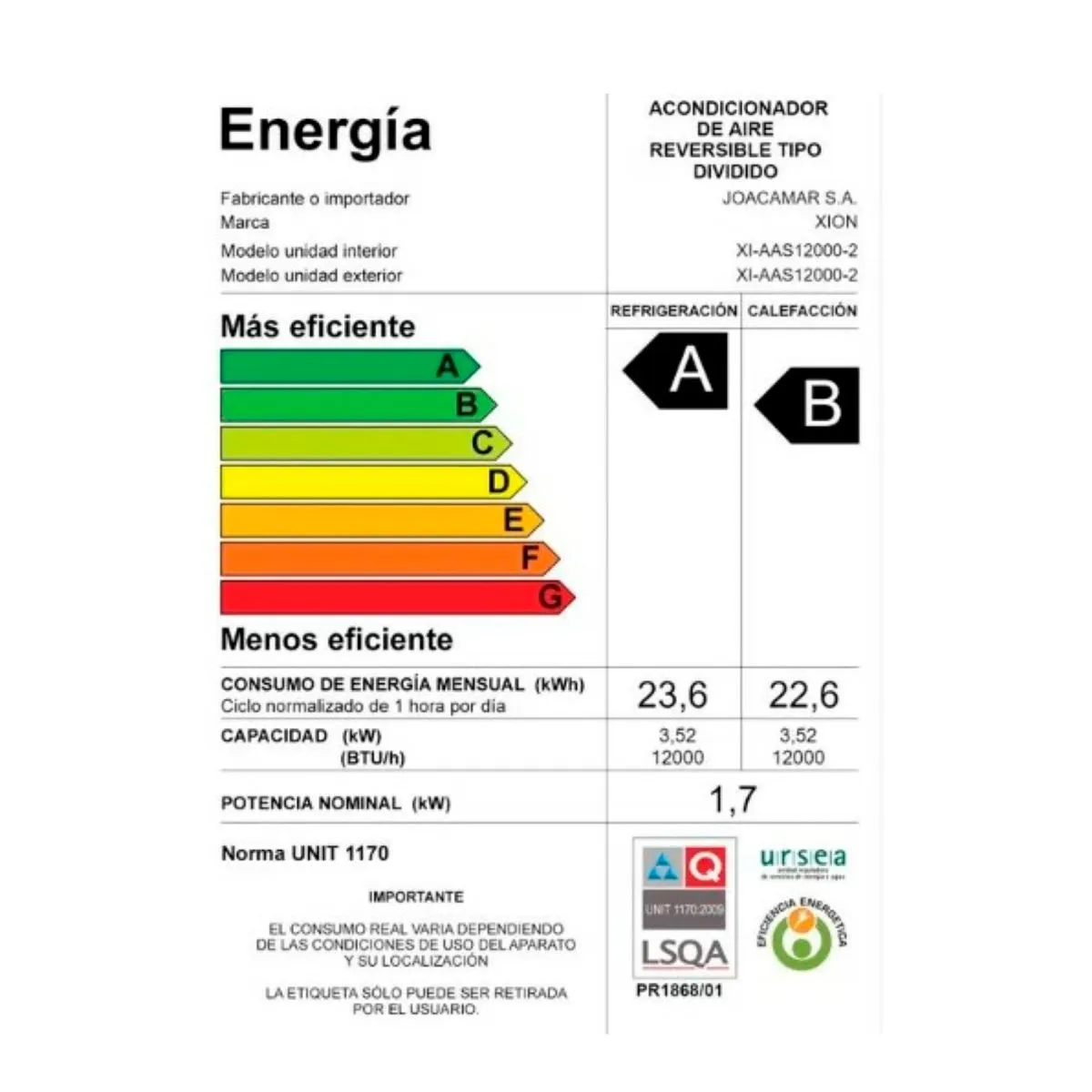 AIRE ACONDICIONADO XION SPLIT 12000BTU XIAAS120002 - Imagen 3