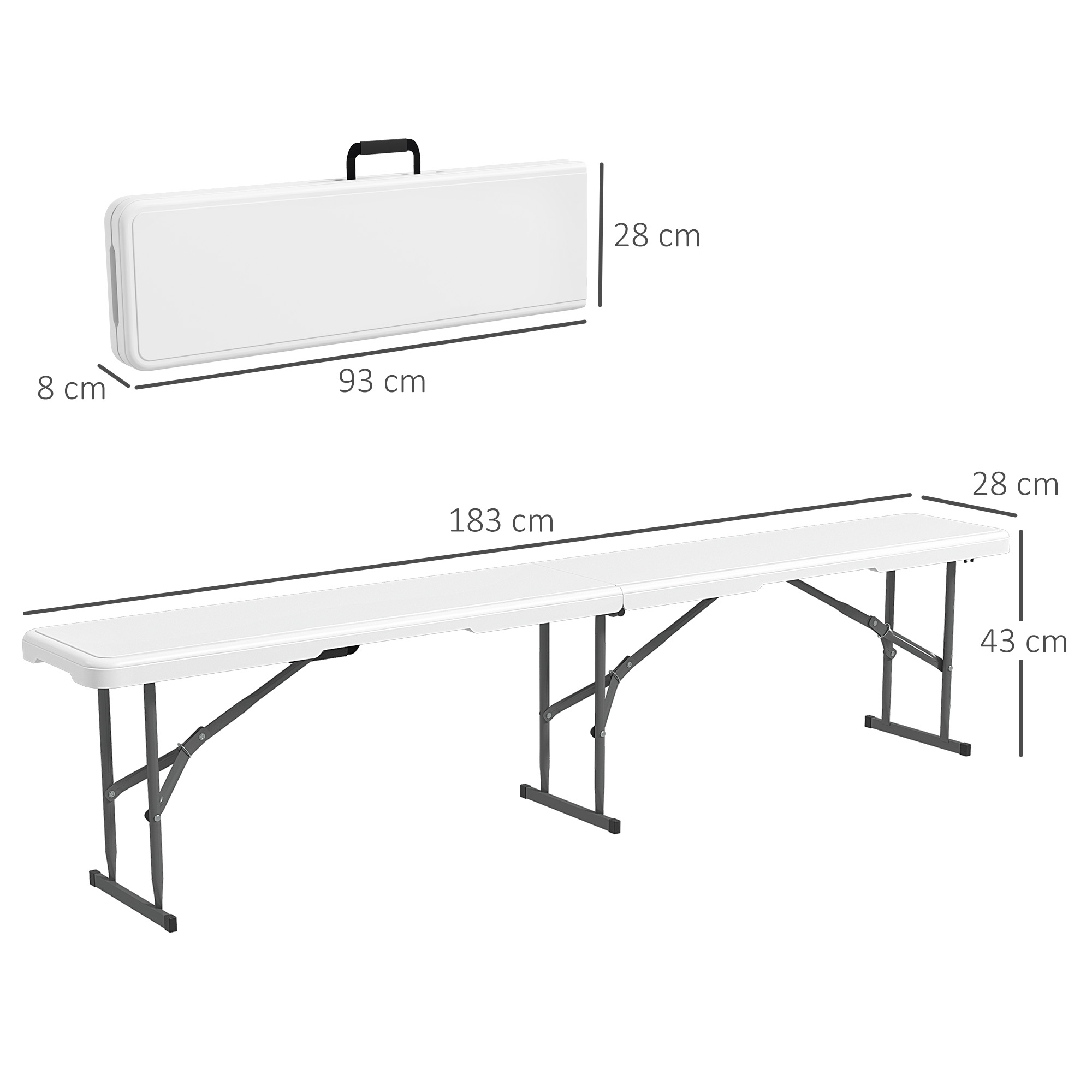 Outsunny Banco de Jardín Plegable Banco Exterior de 3 Plazas con Marco de Acero Carga 360 kg para Patio Terraza Balcón Camping 183x28x43 cm Blanco - Imagen 3