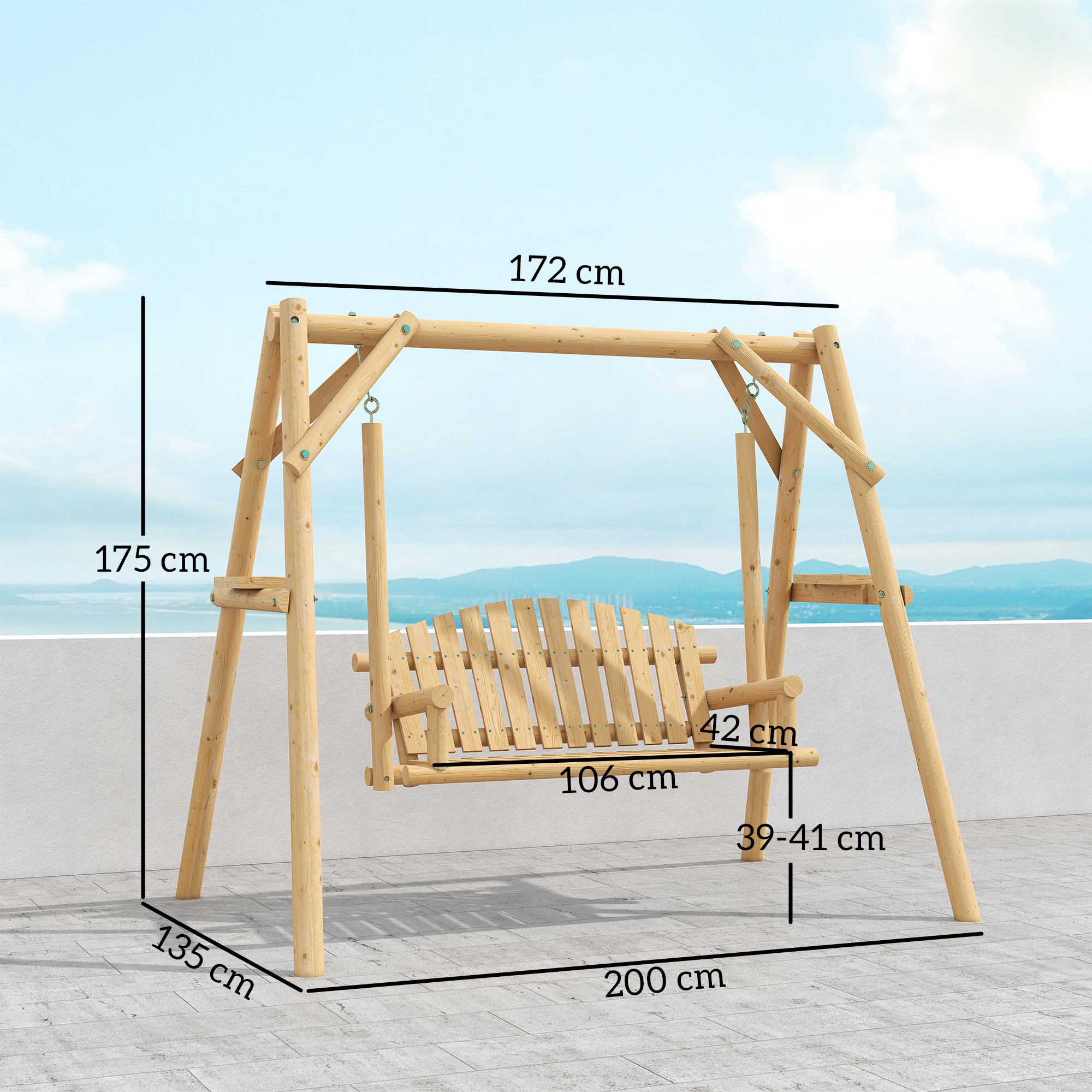 Outsunny Banco Columpio de Jardín de Madera de 2 Plazas Balancín de Jardín Exterior con Bandejas Laterales Reposabrazos y Estructura en A para Patio Porche Carga 240 kg 200x135x175 cm Natural - Imagen 3