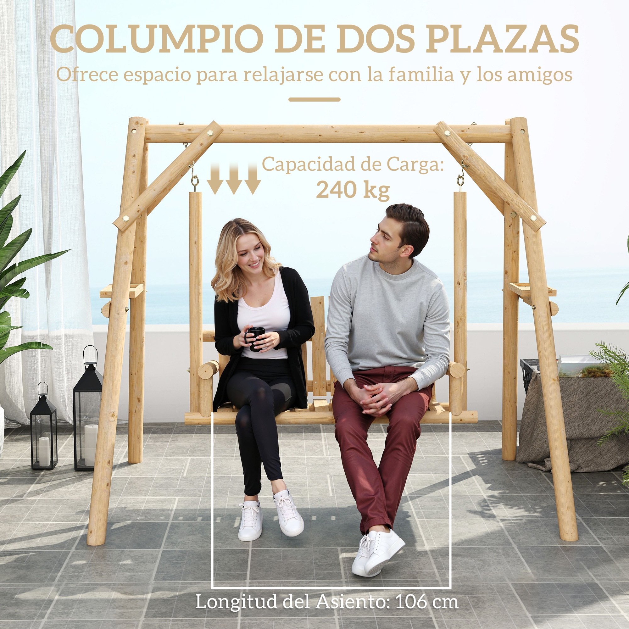 Outsunny Banco Columpio de Jardín de Madera de 2 Plazas Balancín de Jardín Exterior con Bandejas Laterales Reposabrazos y Estructura en A para Patio Porche Carga 240 kg 200x135x175 cm Natural - Imagen 4