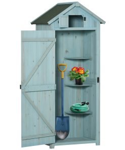 Outsunny Armario de Jardín de Madera 77×54,2×179 cm 0,3 m² Cobertizo para Almacenaje de Herramientas con 3 Estantes y 2 Puertas con Cerrojo para Patio Terraza Azul y Verde