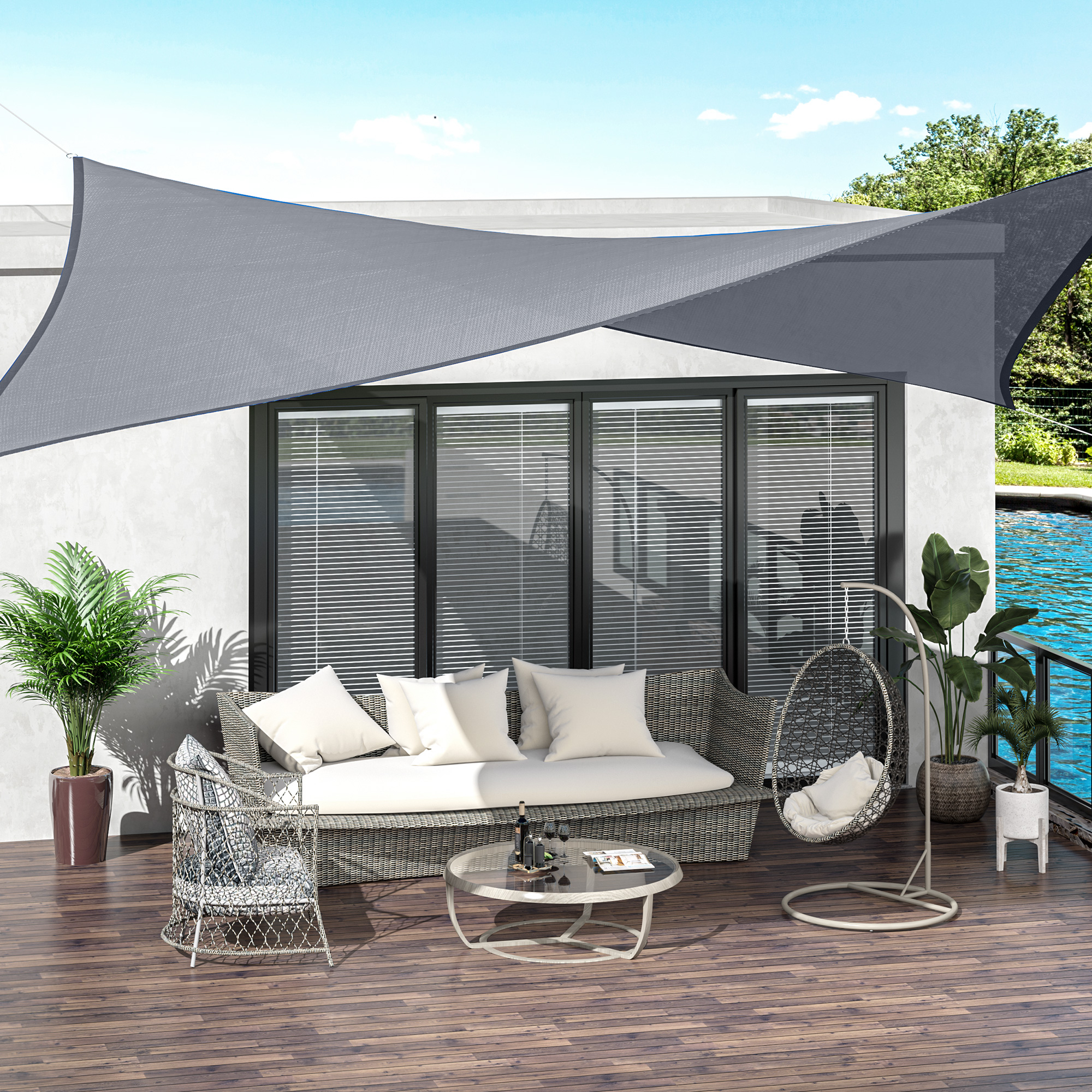 Outsunny Toldo Vela de Sombra Rectangular 4×6 m Toldo de Terraza de HDPE con Anillo de Acero Inoxidable y Cuerdas para Jardín Patio Gris - Imagen 2