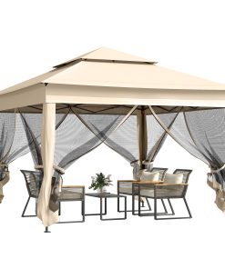 Outsunny Carpa Plegable Gazebo 3,3×3,3 m Cenador Plegable con 4 Paredes Laterales de Malla Anti-UV y Bolsa de Transporte para Camping Fiestas Crema
