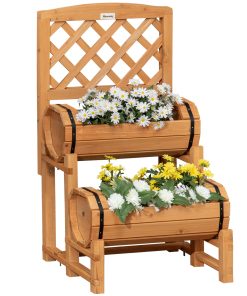 Outsunny Arriate de Jardín con Enrejado Tipo Barril con 2 Macetas Macetero con Soporte para Trepadora Cultivos Plantas Flores para Patio Terraza Balcón 45x45x80 cm Natural