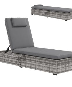 Outsunny Tumbona de Ratán Reclinable Tumbona de Jardín con Respaldo Ajustable en 5 Niveles Mesita y Cojín Acolchado Carga 120 kg para Patio Terraza Gris