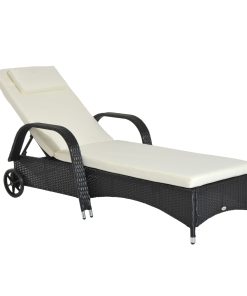 Outsunny Tumbona de Ratán de Jardín Chaise Longue con Respaldo Ajustable en 5 Posiciones Cojines Acolchados Reposacabezas y 2 Ruedas Carga 160 kg 200x73x30-103 cm Negro