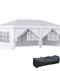 Outsunny Carpa Plegable 6x3x2,7 m Cenador de Jardín Gazebo Plegable con 4 Paneles 4 Ventanas 2 Puertas con Cremallera 1 Bolsa Anti-UV Impermeable para Exterior Terraza Patio Playa Blanco