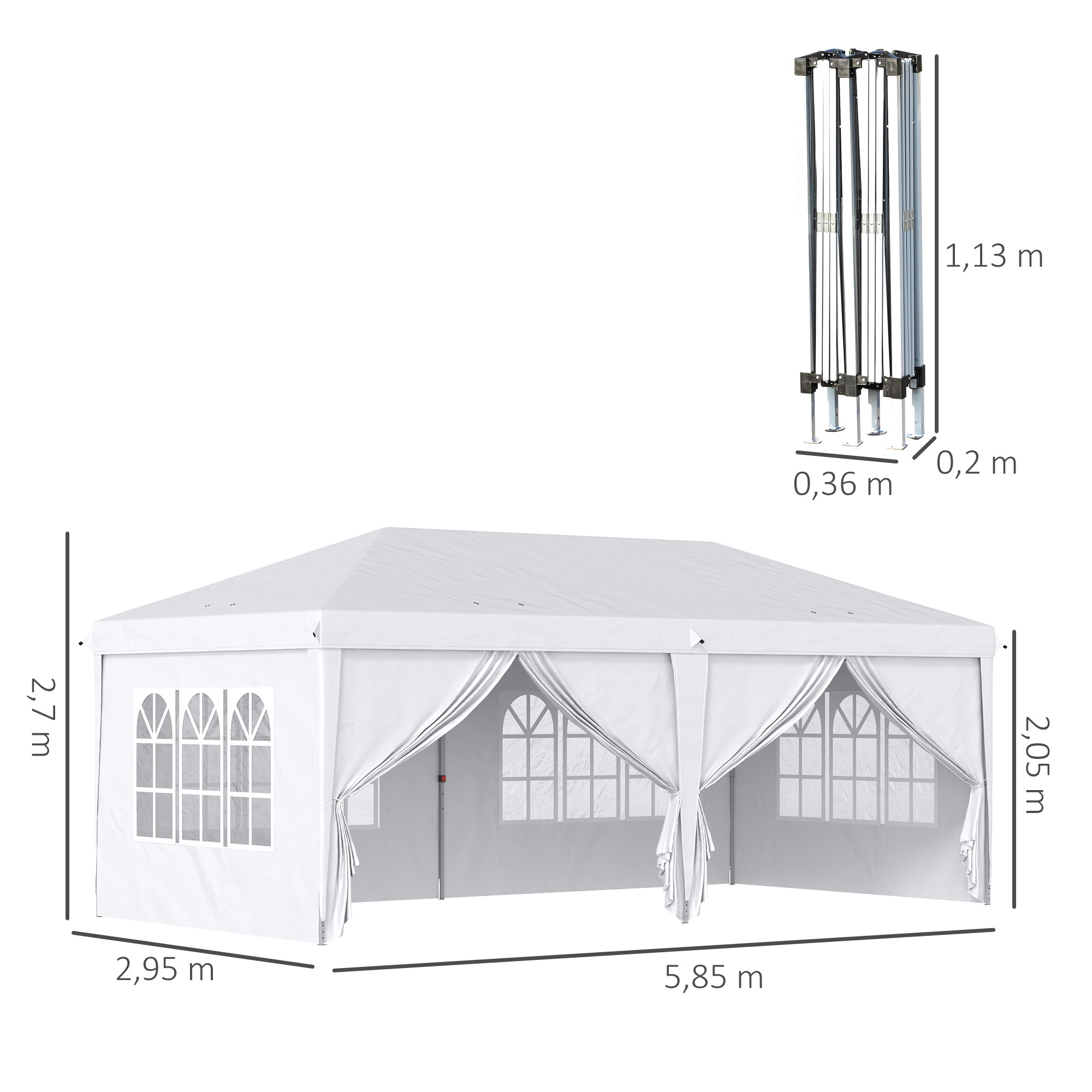Outsunny Carpa Plegable 6x3x2,7 m Cenador de Jardín Gazebo Plegable con 4 Paneles 4 Ventanas 2 Puertas con Cremallera 1 Bolsa Anti-UV Impermeable para Exterior Terraza Patio Playa Blanco - Imagen 3