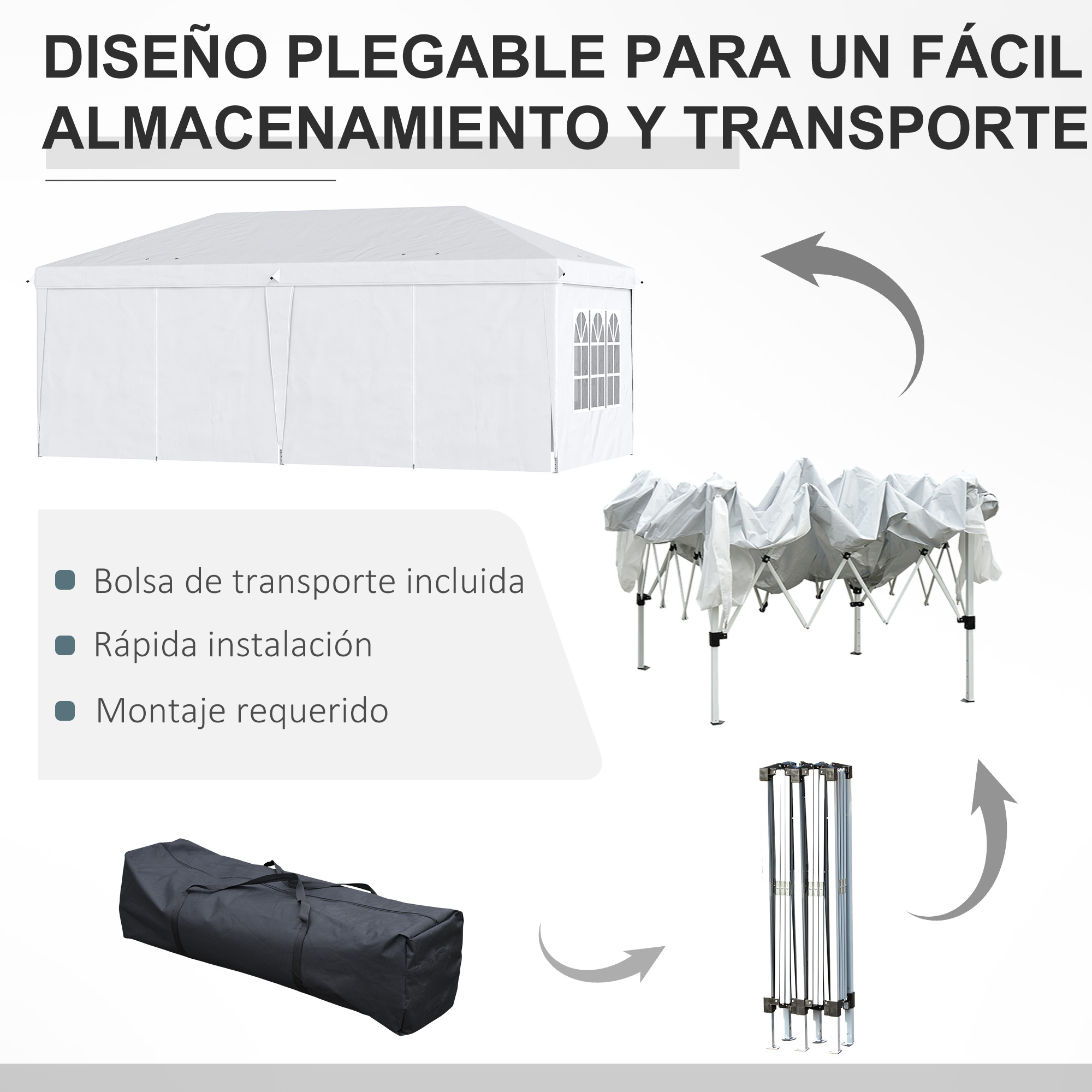 Outsunny Carpa Plegable 6x3x2,7 m Cenador de Jardín Gazebo Plegable con 4 Paneles 4 Ventanas 2 Puertas con Cremallera 1 Bolsa Anti-UV Impermeable para Exterior Terraza Patio Playa Blanco - Imagen 4