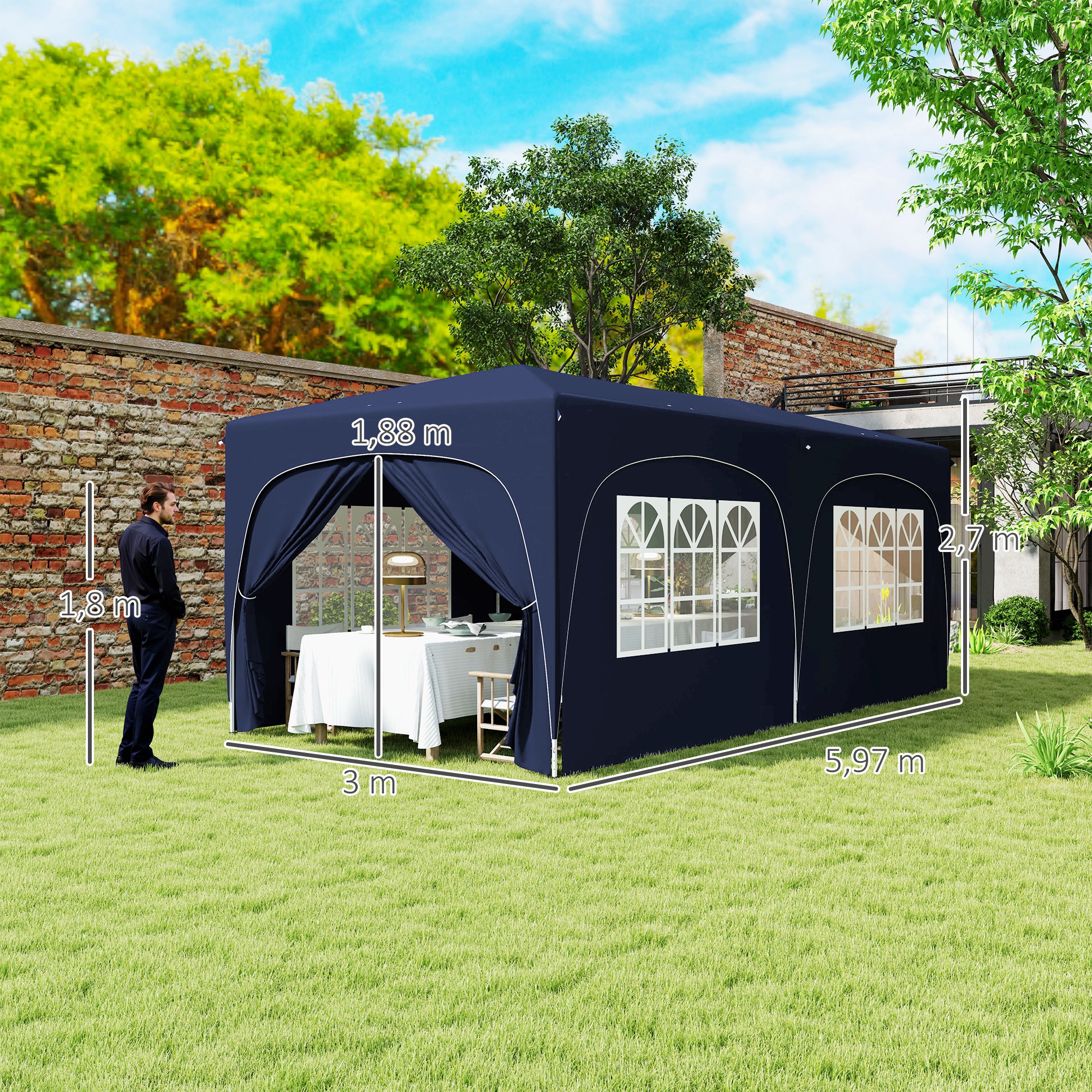 Outsunny Carpa Plegable Gazabo 3×6 m con Paneles Laterales UPF50+ Cenador Pabellón de Jardín con Altura Ajustable y Bolsa de Transporte para Camping Fiestas Patio Terraza Azul Oscuro - Imagen 3