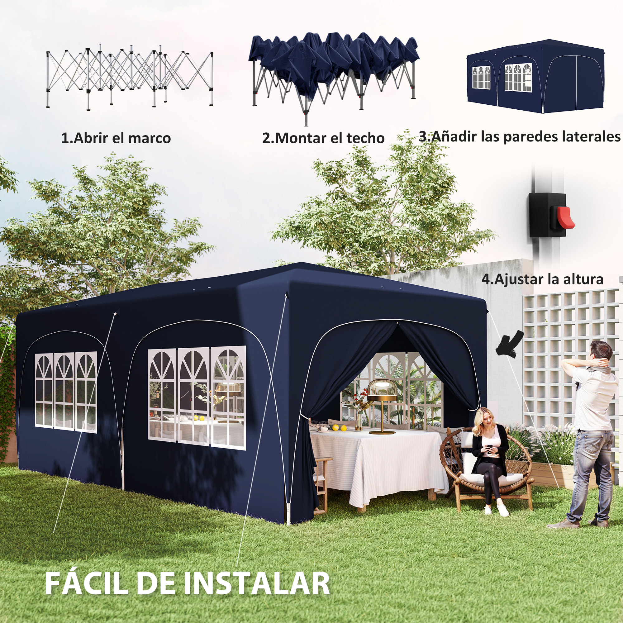 Outsunny Carpa Plegable Gazabo 3×6 m con Paneles Laterales UPF50+ Cenador Pabellón de Jardín con Altura Ajustable y Bolsa de Transporte para Camping Fiestas Patio Terraza Azul Oscuro - Imagen 4