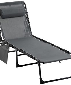 Outsunny Tumbona Plegable Tumbona Jardín Exterior con Respaldo Ajustable Reposacabezas Acolchado Bolsillo Lateral y Estructura de Acero 185x58x30 cm Gris