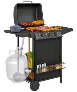 Outsunny Barbacoa de Gas BBQ Gas con 3+1 Quemadores 9,5 kW Barbacoa Portátil con Termómetro Mesa Lateral Estante Especiero Parrilla Recogedor de Grasa 2 Ruedas para Jardín Exterior Camping Negro
