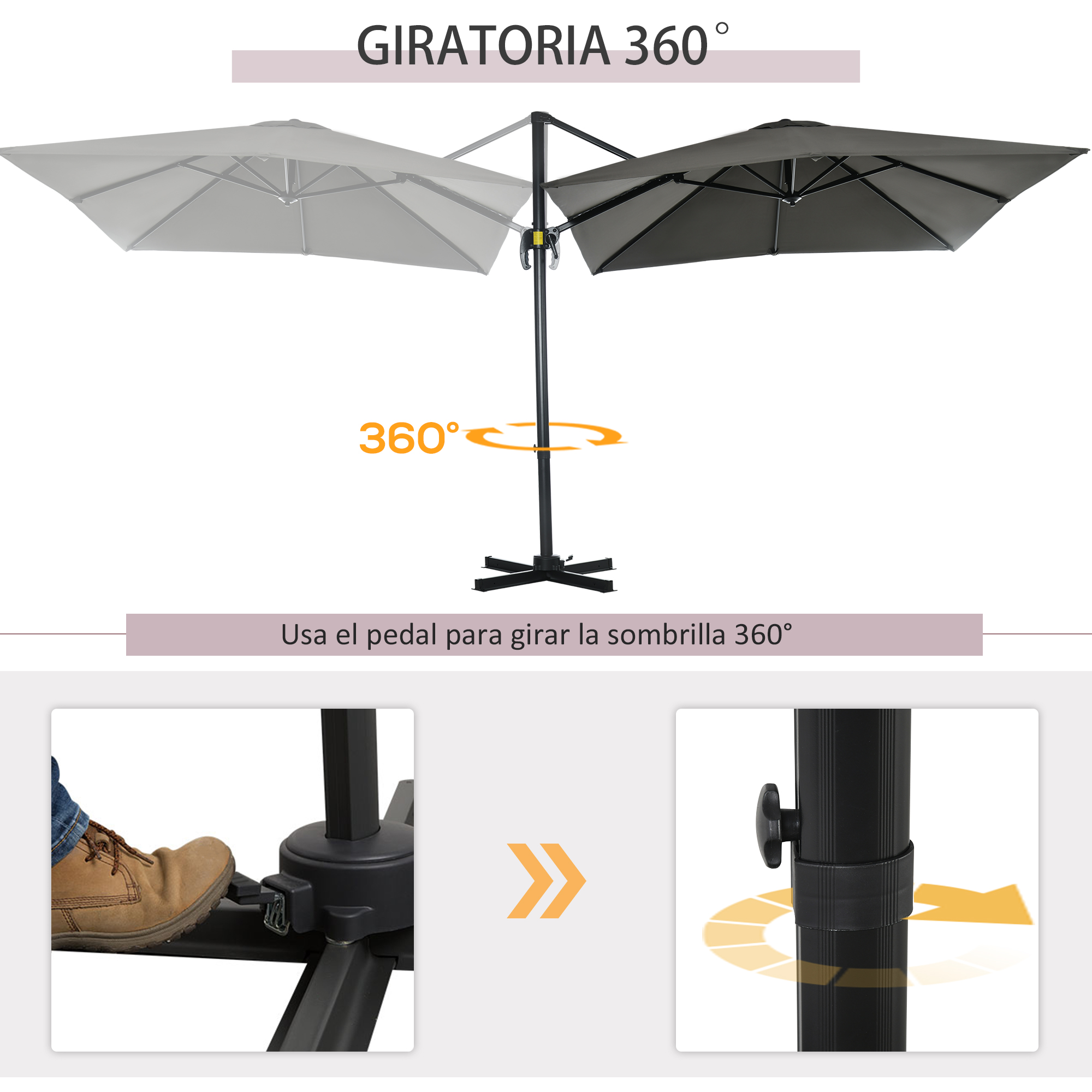 Outsunny Sombrilla de Jardín de Aluminio 245x245x245 cm Parasol Excéntrico con Manivela Giratorio 360° Inclinación de 5 Niveles Tela Desmontable Gris - Imagen 4