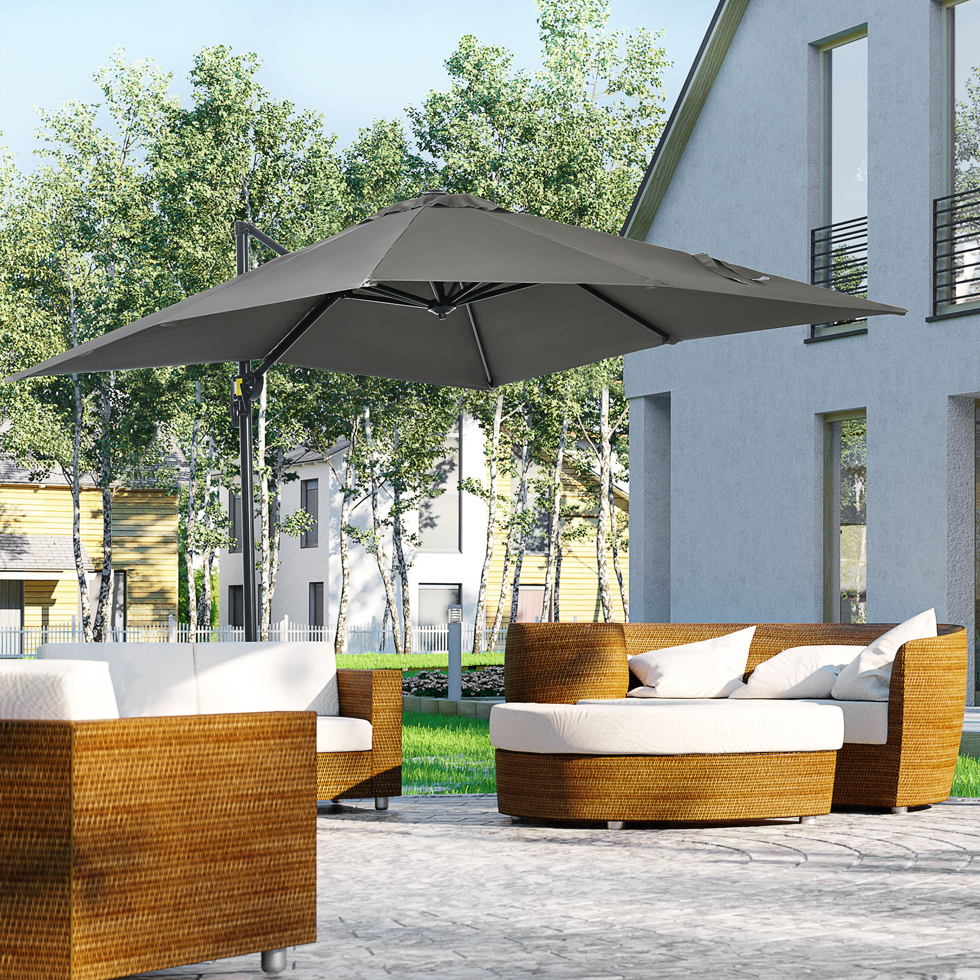 Outsunny Sombrilla de Jardín de Aluminio 245x245x245 cm Parasol Excéntrico con Manivela Giratorio 360° Inclinación de 5 Niveles Tela Desmontable Gris - Imagen 2
