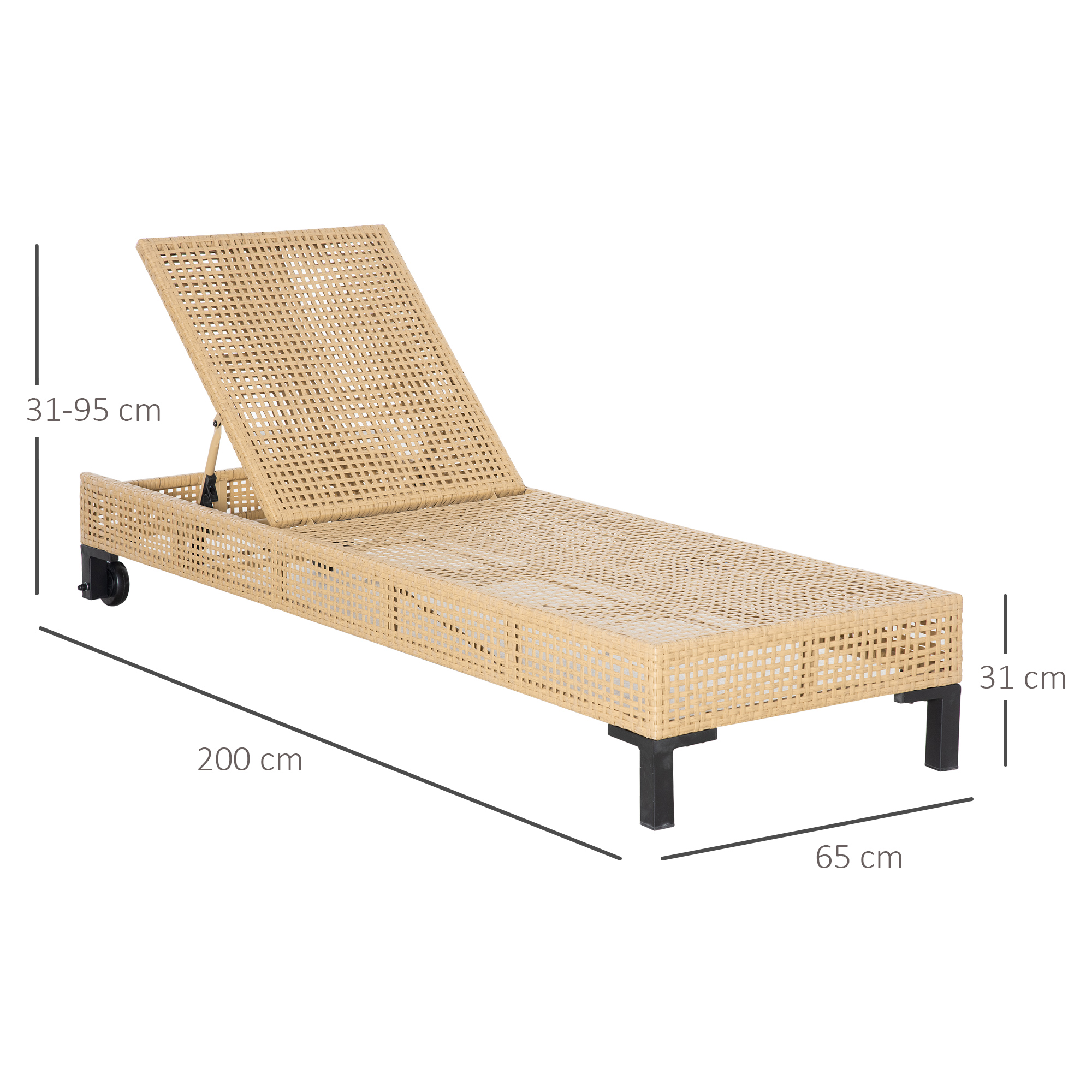Outsunny Tumbona de Ratán Sintético Chaise Longue con Respaldo Ajustable en 5 Posiciones Cojín Acolchado y 2 Ruedas para Jardín Terraza Acero 200x65x31 cm Natural y Beige - Imagen 3