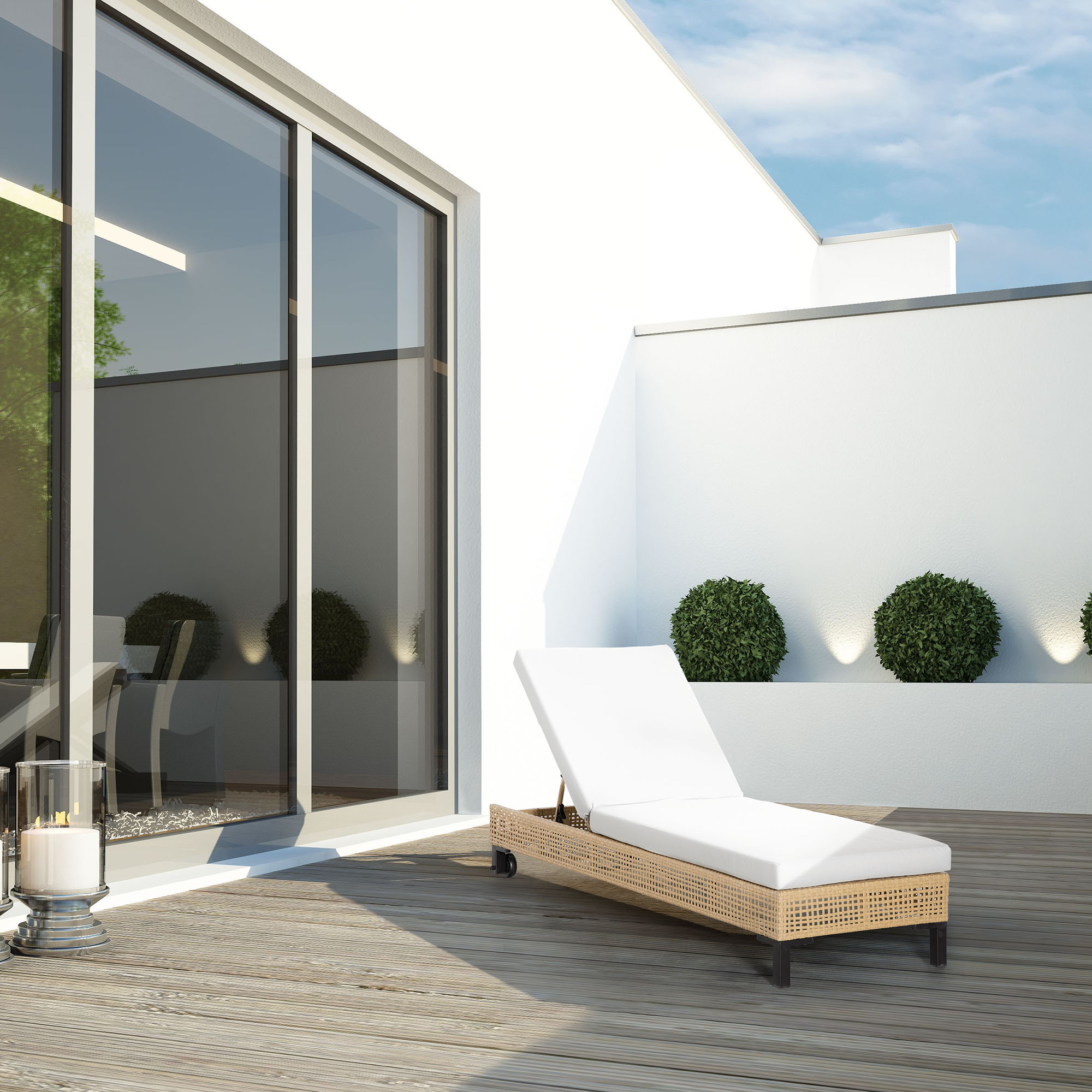 Outsunny Tumbona de Ratán Sintético Chaise Longue con Respaldo Ajustable en 5 Posiciones Cojín Acolchado y 2 Ruedas para Jardín Terraza Acero 200x65x31 cm Natural y Beige - Imagen 2
