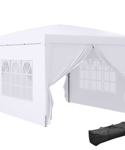 Outsunny Carpa Gazebo con Paredes Desmontables Ventanas Visibles Puerta con Cremallera Incluye Bolsa de Transporte Cuerdas y Piquetas 3×3 m Blanco