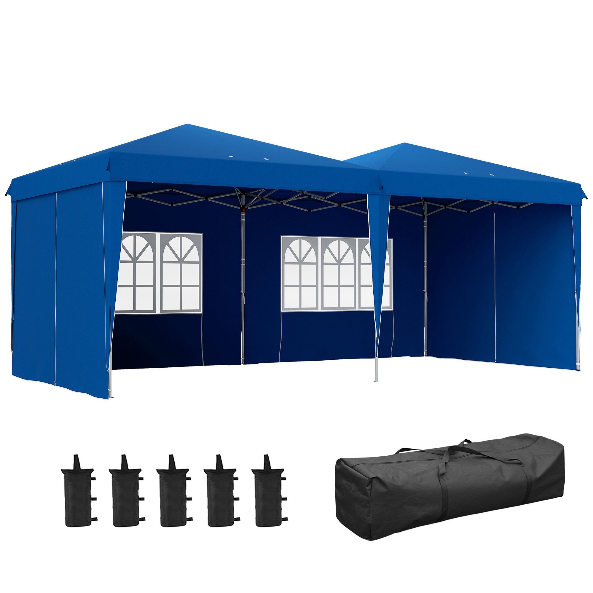 Outsunny Carpa Plegable 6×3 m Cenador de Jardín con Altura Ajustable Paredes Laterales Protección UV30+ Impermeable Sacos de Arena y Bolsa de Transporte Gazebo para Exterior Jardín Fiestas Azul