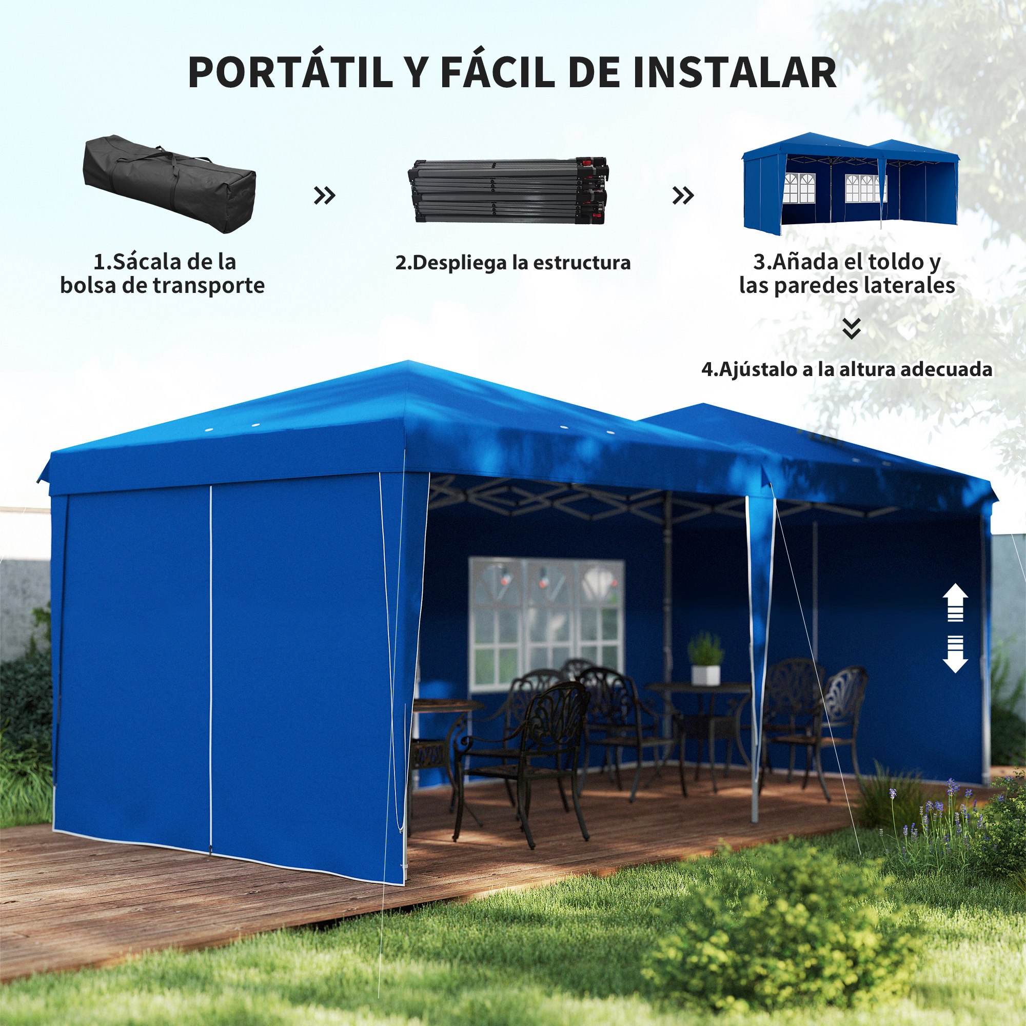 Outsunny Carpa Plegable 6×3 m Cenador de Jardín con Altura Ajustable Paredes Laterales Protección UV30+ Impermeable Sacos de Arena y Bolsa de Transporte Gazebo para Exterior Jardín Fiestas Azul - Imagen 4