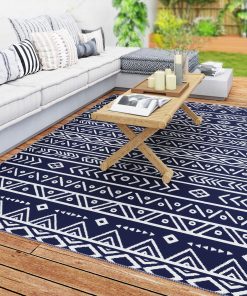 Outsunny Alfombra de Exterior 182×274 cm Alfombra Reversible con Patrón de Geométrico Impermeable Bolsa de Transporte para Terraza Balcón Patio Camping Playa Azul