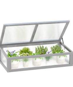 Outsunny Invernadero de Madera Natural y Policarbonato 90x46x28 cm con Tapa Inclinada Caseta de Plantas para Jardín Huerto Terraza Protección del Clima Gris