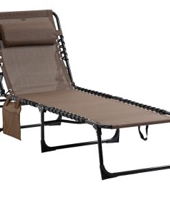 Outsunny Tumbona Plegable Tumbona Jardín Exterior con Respaldo Ajustable Reposacabezas Acolchado Bolsillo Lateral y Estructura de Acero 185x58x30 cm Marrón