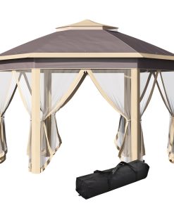 Outsunny Carpa Plegable 4×3,4×2,85 m Altura Ajustable Cenador de Jardín Hexagonal con Doble Techo Mosquiteras Extraíbles y Bolsa de Transporte Impermeable Gazebo para Exterior Fiestas Beige