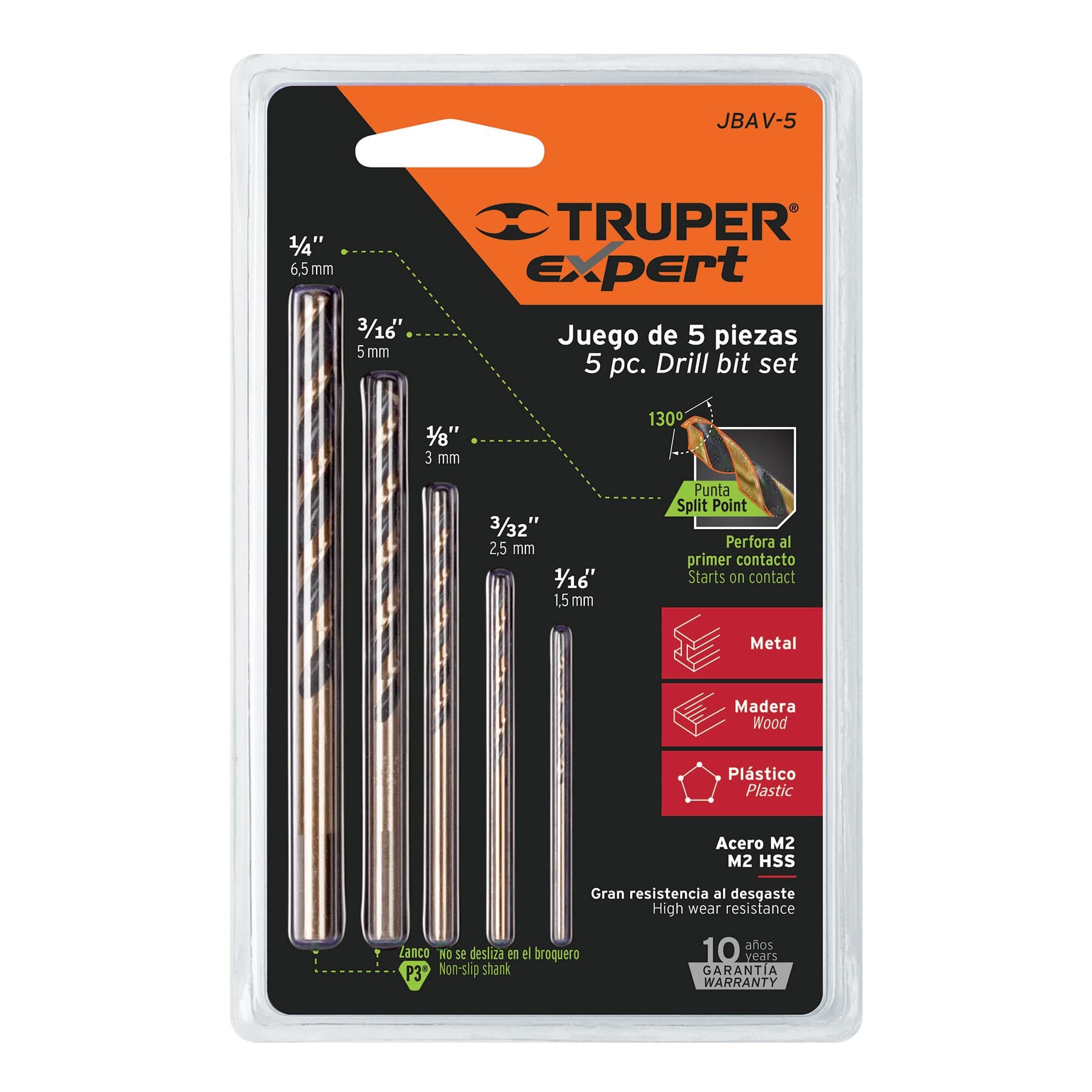 Juego de 5 brocas HSS para metal, Truper Expert 11394 JBAV-5