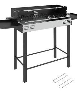 Outsunny Barbacoa de Carbón Barbacoa Portátil 118x32x90 cm con Pincho Giratorio Ajustable en Altura de 3 Niveles Parrilla Plegables y Paravientos para Pícnic Camping Negro