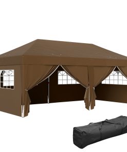 Outsunny Carpa Plegable Gazebo 6×3 m Cenador Plegable con 6 Paredes Laterales Impermeable Anti-UV y Bolsa de Transporte Pabellón de Jardín para Camping Fiestas Café
