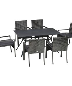 Outsunny Conjunto de Jardín de Ratán Sintético Juego de Muebles de Jardín para Exterior de Ratán de 7 Piezas Incluye 6 Sillas con Cojines Extraíbles y Mesa de Metal Gris
