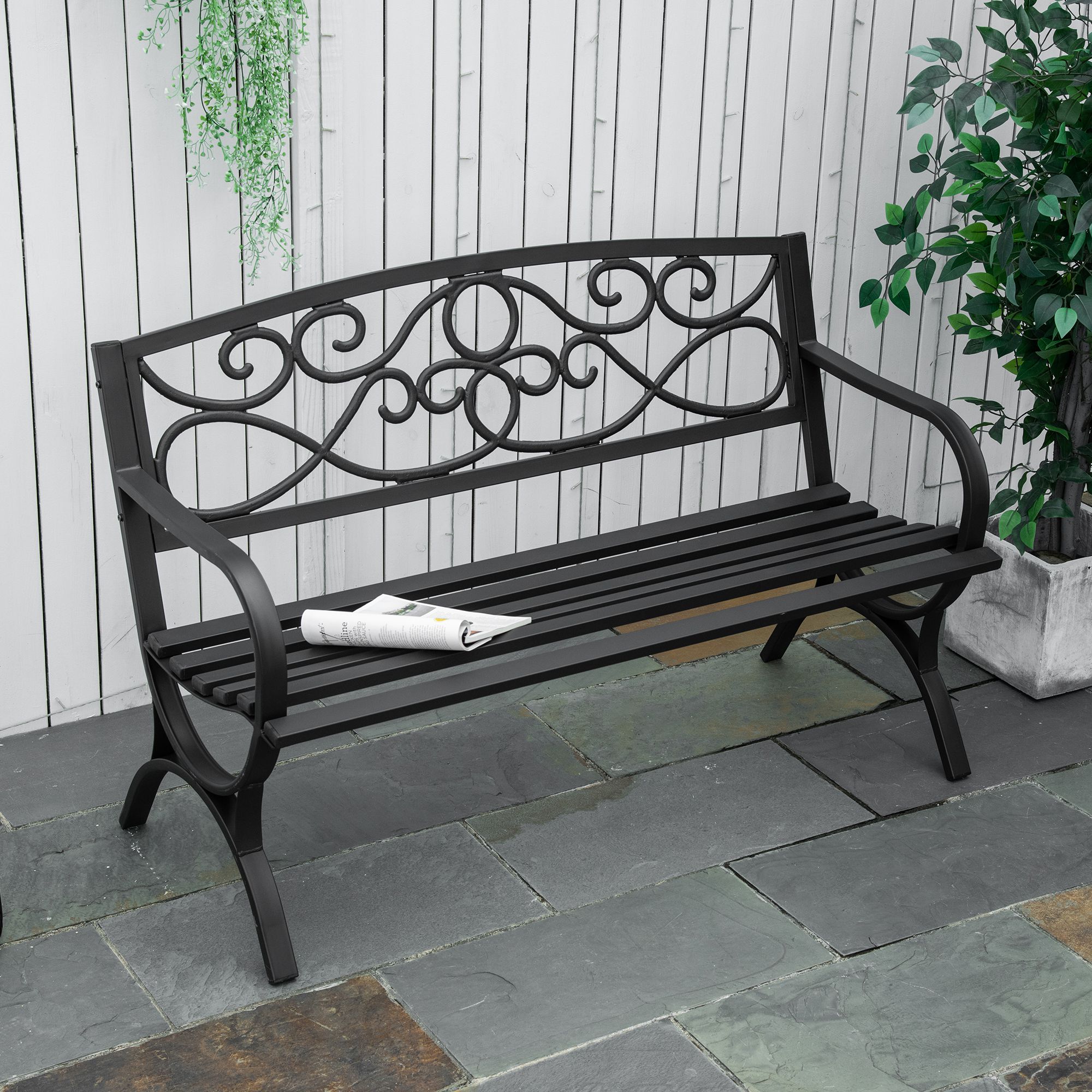 Outsunny Banco de Jardín de 2 Plazas con Respaldo y Reposabrazos Estilo Vintage para Terraza Balcón Patio Exterior Carga 240 kg Hierro Fundido y Acero 128×58,5×85 cm Negro - Imagen 2